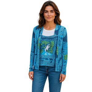 Vintage Layer Look Top M 100% cotton retro-inspired stylized beaded art portrait